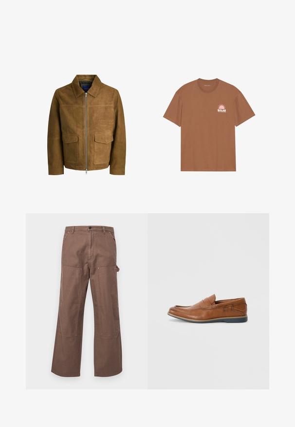 Giacca in suede marrone con colletto, chiusura con zip e due tasche piatte sul davanti. Tessuto liscio con una vestibilità strutturata.; T-shirt marrone a maniche corte in cotone, con una grafica di un sole rosa e il testo "SOLAR" sul lato sinistro del petto. Design con scollo rotondo.; Pantaloni cargo in cotone marrone con vestibilità comoda, tasche laterali e grandi toppe sulle ginocchia per maggiore durata e stile.; Mocassini in pelle marrone con punta tondeggiante, dettagli cuciti e suola in gomma bassa. Il design presenta una banda sulla parte superiore.