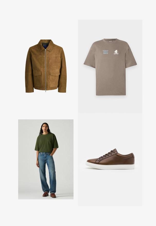 Ruskea mokkajakku, jossa on kauluskäänne, vetoketjukiinnitys ja kaksi litteää taskua etupuolella. Sileä pinta ja ryhdikäs istuvuus.; Ruskea puuvillapaita, jossa on pyöreä pääntie. Edessä sininen teksti "Universal Athletic Apparel" ja valkoinen "4th quarter" -logo. Lyhyet hihat.; Vihreä lyhythihainen t-paita rintataskulla, yhdistettynä vaaleansinisiin farkkuihin. Malli seisoo ruskeissa kengissä harmaata taustaa vasten.; Ruske nahke teniske z izrazito okroglo špicu, belo gumijasto podplat in pet lukenj za vezalke. Imajo subtilno blagovno znamko na peti.