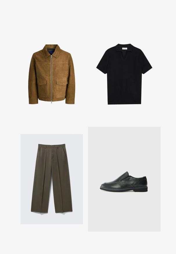 Veste en suède marron avec un col, fermeture éclair et deux poches plates à l'avant. Texture lisse avec une coupe structurée.; Polo shirt noir à manches courtes avec un tissu texturé et côtelé, présentant un col en V et un ourlet droit. Pas de logos ni de motifs visibles.; Pantalons évasés en vert olive, fabriqués en tissu lisse. Dotés de poches avant, d'un devant plat et de plis cousus pour une structure.; Chaussure slip-on en cuir noir avec une tige lisse, des accents cousus, un bout arrondi et un petit talon en caoutchouc. La semelle présente un profil de traction minimal.