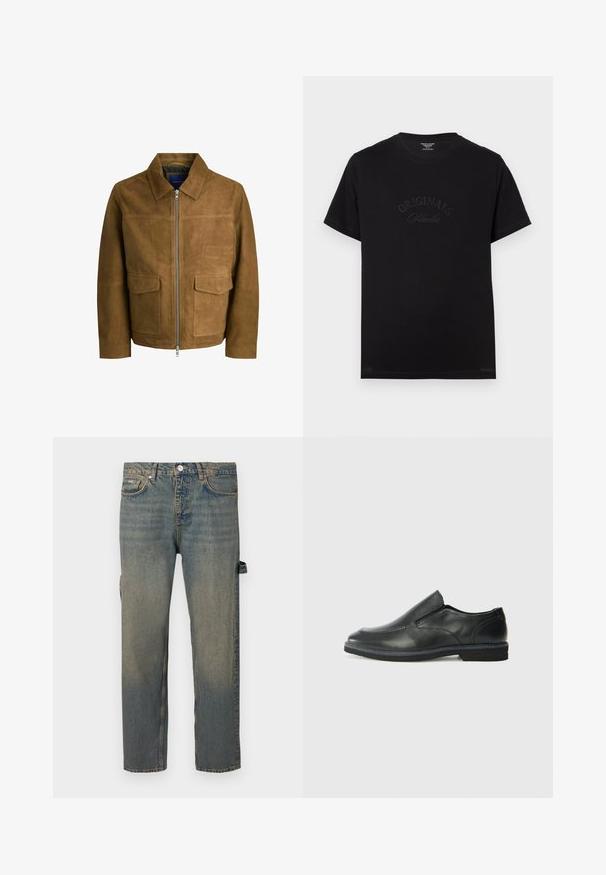 Veste en suède marron avec un col, fermeture éclair et deux poches plates à l'avant. Texture lisse avec une coupe structurée.; T-shirt en coton noir à manches courtes et col rond. Présente "ORIGINALS Studio" embossé en lettres tonales sur le devant.; Jean en denim bleu clair avec un effet usé, coupe droite, cinq poches et passants de ceinture. Présente un détail de sangle sur le côté.; Chaussure slip-on en cuir noir avec une tige lisse, des accents cousus, un bout arrondi et un petit talon en caoutchouc. La semelle présente un profil de traction minimal.