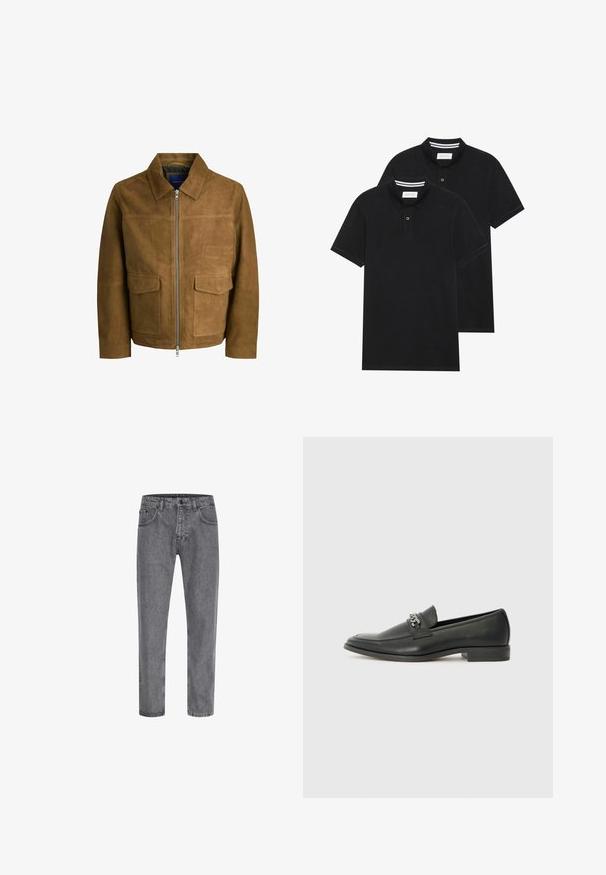 Rjava semiš jakna z ovratnikom, zadrgo in dvema ravnima žeparjema spredaj. Gladka tekstura z urejenim krojem.; Dve črne polo majice, kratke rokave, iz bombažnega materiala, z klasik ovratnikom, dvobodno zaponko in belimi črtkami znotraj ovratnika.; Sive kavbojke z ravnim krojem, petimi žepi, klasičnim gumbom in zadrgo ter subtilnim zblidenjem na teksturi tkanine.; Črni usnjeni loafer z gladko površino, ki ima šivano zasnovo in dekorativni kovinski verižni naglas preko vampirja. Ravno peto.