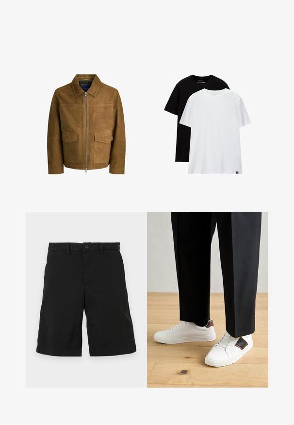 Brązowa skórzana kurtka z kołnierzykiem, z zapięciem na zamek błyskawiczny i dwiema płaskimi kieszeniami z przodu. Gładka tekstura i dopasowany krój.; Dwa t-shirty o regularnym kroju, jeden czarny, drugi biały, wykonane z bawełny. Krótkie rękawy i okrągły dekolt, z widoczną metką w dolnym rogu.; Czarne spodenki wykonane z bawełny, z płaskim przodem, z zapięciem na guzik i bocznymi kieszeniami, bez widocznych wzorów ani akcentów.; Białe trampki o gładkiej fakturze, z brązowymi skórzanymi akcentami i czarnymi detalami, zestawione z czarnymi eleganckimi spodniami. Tło stanowi drewniana podłoga.