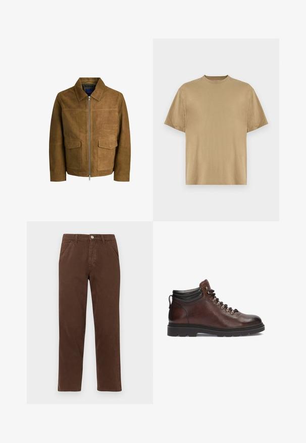 Ruskea mokkajakku, jossa on kauluskäänne, vetoketjukiinnitys ja kaksi litteää taskua etupuolella. Sileä pinta ja ryhdikäs istuvuus.; Khaki lyhythelmainen T-paita, joka on valmistettu pehmeästä kankaasta. Paidassa on pyöreä kaula-aukko ja rento istuvuus. Ei näkyviä kuvioita tai graafisia elementtejä.; Ruske puuvillahousut suoran lahkeen, etutaskujen ja metallinappisuljin kanssa. Ominaisuudet sileä tekstuuri ja minimaalinen muotoilu.; Ruske nahkaste pohodniške čevlje z teksturirano površino, srebrnimi obročki in črnimi gležnjarji. Gumijast podplat z robustnim profilom.