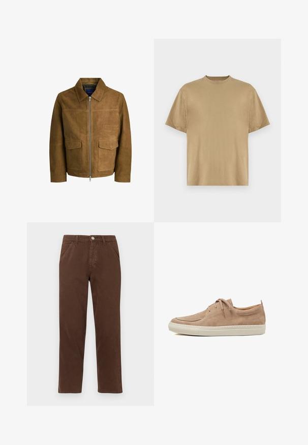 Braune Wildlederjacke mit Kragen, Reißverschluss und zwei flachen Taschen auf der Vorderseite. Glatte Textur mit strukturierter Passform.; Khakifarbenes T-Shirt mit kurzen Ärmeln aus weichem Stoff, mit einem Rundhalsausschnitt und einer lockeren Passform. Keine Muster oder Grafiken sichtbar.; Braune Baumwollhosen mit geradem Bein, Fronttaschen und metallischem Knopfverschluss. Sie haben eine glatte Textur und ein minimalistisches Design.; Beige Wildledersneaker mit abgerundeter Spitze, Schnürdesign und weißer Gummisohle mit dezenten Nähten und Markenzeichen an der Ferse.