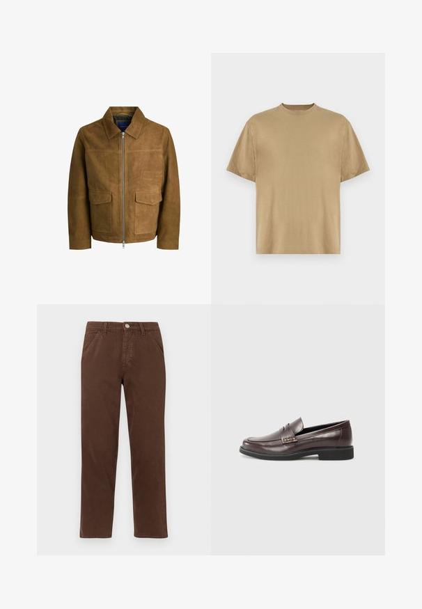 Hnedá semišová bunda s golierom, zipsom a dvoma plochými vreckami vpredu. Hladká textúra s pevným strihom.; Khaki tričko s krátkym rukávom vyrobené z mäkkého materiálu, s okrúhlym výstrihom a voľným strihom. Žiadne vzory ani grafiky nie sú viditeľné.; Hnedé bavlnené nohavice s rovnými nohavicami, prednými vreckami a kovovým zapínaním na gombík. Majú hladkú textúru a minimalistický dizajn.; Hnedé kožené mokasíny s hladkým povrchom, so subtilným prešitím na hornom diele a čiernou gumovou podrážkou.