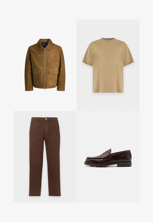 Brun ruskindjakke med krave, lynlåslukning og to flade lommer foran. Glat tekstur med en struktureret pasform.; Khaki kortærmet T-shirt lavet af blødt stof, med rund halsudskæring og en afslappet pasform. Ingen mønstre eller grafik er synlige.; Brune bomuldsbukser med lige ben, forlommer og en metallisk lukning. Har en glat tekstur og et minimalistisk design.; Brune læder loafer med en mokkasinstil overdel, tekstureret syning og en robust sål med multidirektionale dæk.
