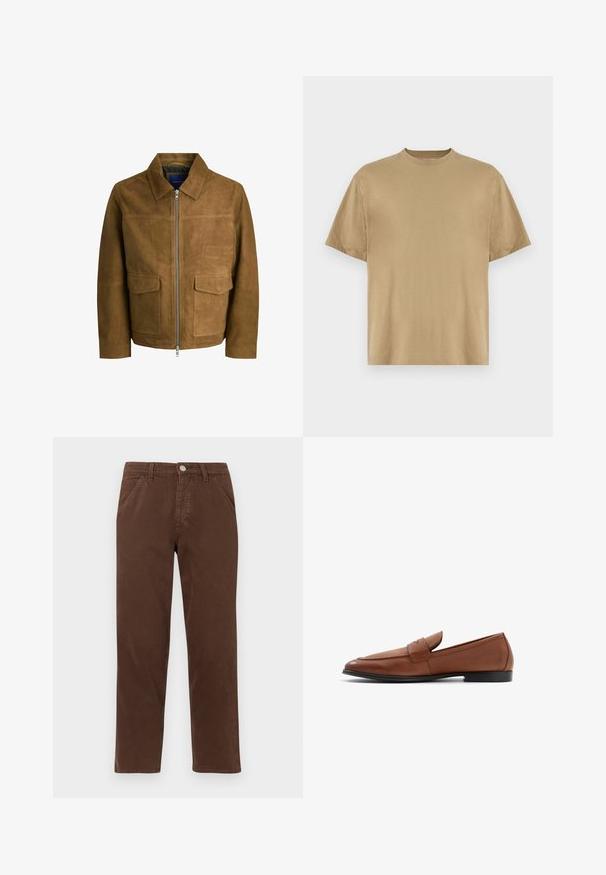 Brun ruskindjakke med krave, lynlåslukning og to flade lommer foran. Glat tekstur med en struktureret pasform.; Khaki kortærmet T-shirt lavet af blødt stof, med rund halsudskæring og en afslappet pasform. Ingen mønstre eller grafik er synlige.; Brune bomuldsbukser med lige ben, forlommer og en metallisk lukning. Har en glat tekstur og et minimalistisk design.; Brune læder loafers med en lav silhuet, rund tå og syet detaljering på vampen. Solid sort sål med en glat finish.