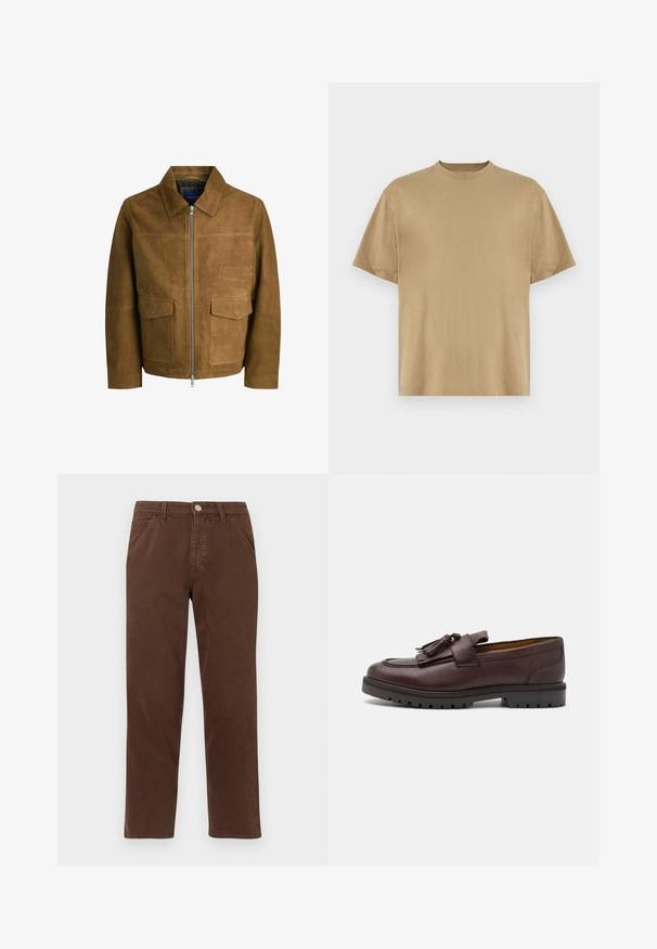 Giacca in suede marrone con colletto, chiusura con zip e due tasche piatte sul davanti. Tessuto liscio con una vestibilità strutturata.; T-shirt khaki a maniche corte realizzato in morbido tessuto, con scollatura rotonda e vestibilità rilassata. Non sono visibili pattern o grafiche.; Pantaloni di cotone marrone con gamba dritta, tasche frontali e chiusura con bottone metallico. Presentano una consistenza liscia e un design minimale.; Zign Mocassini eleganti - brown