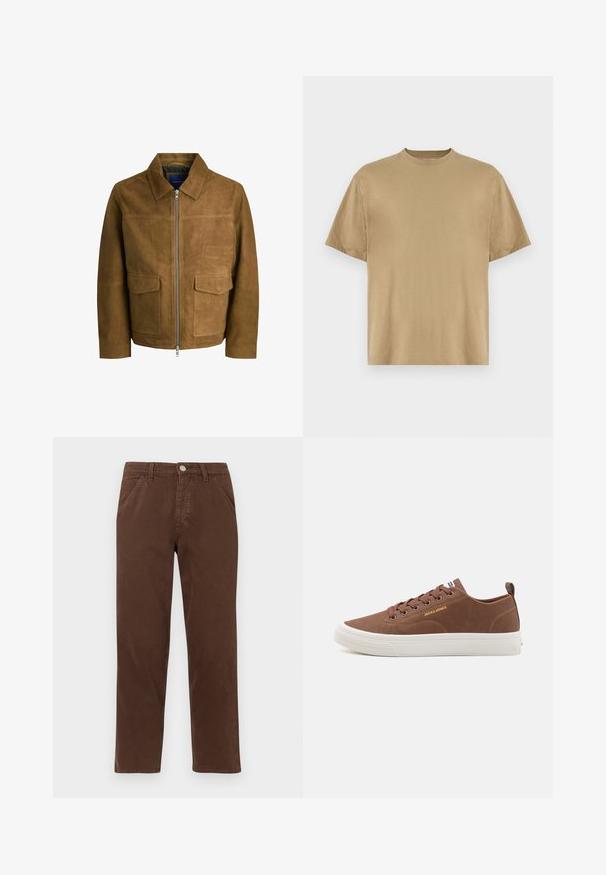 Giacca in suede marrone con colletto, chiusura con zip e due tasche piatte sul davanti. Tessuto liscio con una vestibilità strutturata.; T-shirt khaki a maniche corte realizzato in morbido tessuto, con scollatura rotonda e vestibilità rilassata. Non sono visibili pattern o grafiche.; Pantaloni di cotone marrone con gamba dritta, tasche frontali e chiusura con bottone metallico. Presentano una consistenza liscia e un design minimale.; Jack & Jones JFWBAYSWATER - Sneakers basse - cognac