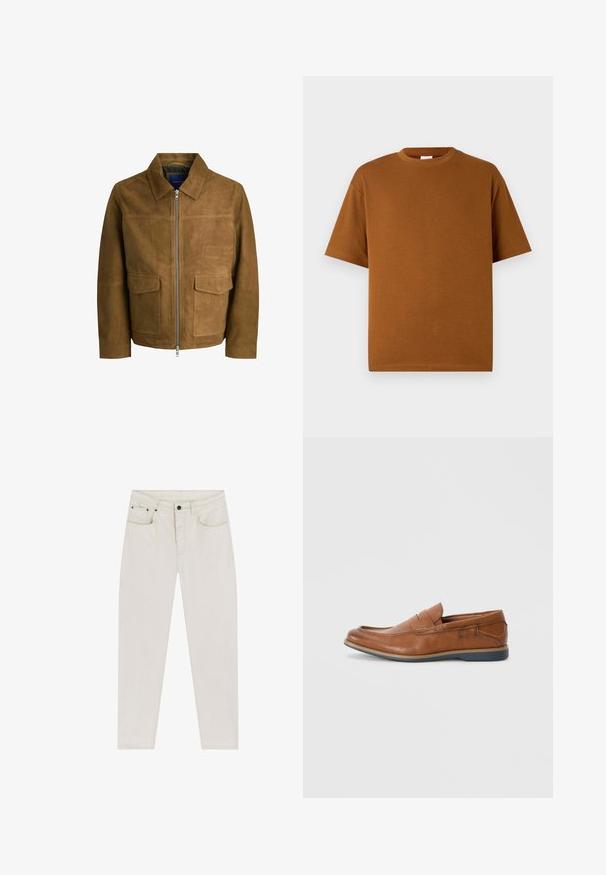 Brun mockaskinnjacka med krage, dragkedjestängning och två platta fickor framtill. Slät textur med en strukturerad passform.; Brun kortärmad t-shirt i mjukt tyg, med rund halsringning och avslappnad passform samt rak fåll. Inga synliga mönster eller detaljer.; Ljust beige denimjeans med rak ben, fem fickor och kontrasterande svarta detaljer. Sticksöm längs sömmarna, minimalistisk design.; Bruna läder loafers med rund tå, sydda accenter och en låg gummisula. Designen har ett band över framsidan.
