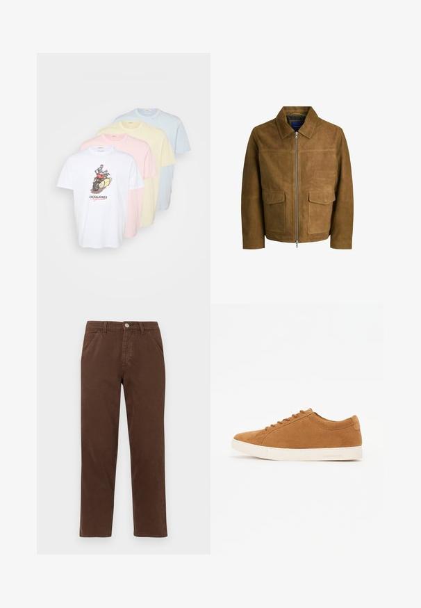 Brūns zamšs jaku ar apkakles izgriezumu, ar rāvējslēdzēju un divām plakaniem kabatām priekšpusē. Gluda tekstūra ar struktūru pieguļošu piegriezumu.; Četriniekā iekļautās kokvilnas T-kreklētās baltā, rozā, dzeltenā un gaiši zila krāsā. Baltajā kreklā ir grafiskais apdrukājums. Klasiska apaļa kakla dizains.; Brūni kokvilnas bikses ar taisnu kāju, priekšējām kabatām un metāla pogu aizdari. Iezīmē gludu tekstūru un minimālu dizainu.; Brūni zamšādas ikdienas apavi ar zemu augstumu, baltu gumijas zoli un noapaļotu purngalu. Iezīmē saskaņotas auklas un minimālu zīmolu uz papēža.