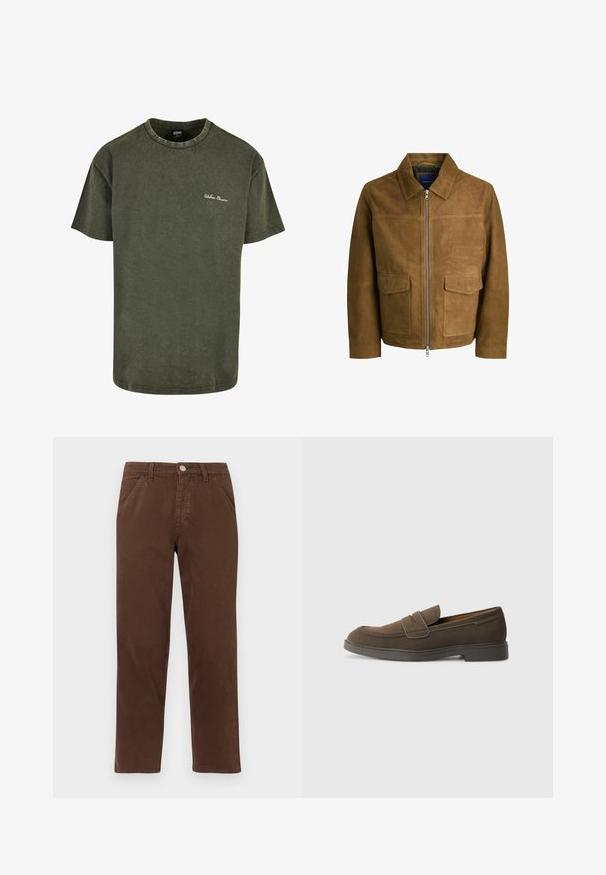 Brun ruskindjakke med krave, lynlåslukning og to flade lommer foran. Glat tekstur med en struktureret pasform.; Oliven grøn bomulds t-shirt med korte ærmer, rund halsudskæring og subtilt slidt tekstur. Har hvid "Urban Classics" broderi på brystet.; Brune bomuldsbukser med lige ben, forlommer og en metallisk lukning. Har en glat tekstur og et minimalistisk design.; Brune ruskinds loafers med en rund tå, en rem over forfoden og en flad gummisål. Enkel design med rene linjer og minimal dekoration.