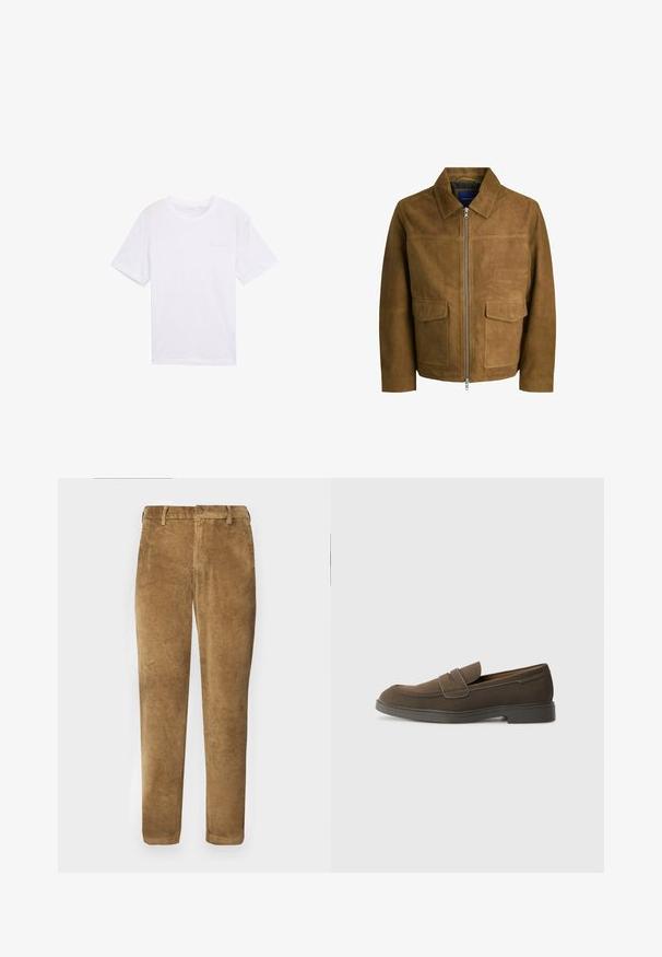 Ruda zomšinė striukė su apykakle, užtrauktuku ir dviem lygiomis kišenėmis priekyje. Lygus paviršius su struktūrizuotu siluetu.; Balta medvilninė marškinėliai su trumpomisRankovėmis, apvaliu iškirpimu ir mažyte, subtilia prekės ženklo logotipu kairiajame krūtinės plote. Paprastas dizainas.; Rudų aksominių kelnių su vertikaliu raukšlėtu tekstūru, tiesiu kirpimu, sagčių uždarymu ir diržo kilpomis. Lygus audinys su minkštu paviršiumi.; Rudos suede loaferiai su apvaliu nosiu, juostele per vampą ir plokščiu guminio pado. Paprastas dizainas su švariomis linijomis ir minimaliu detalizavimu.