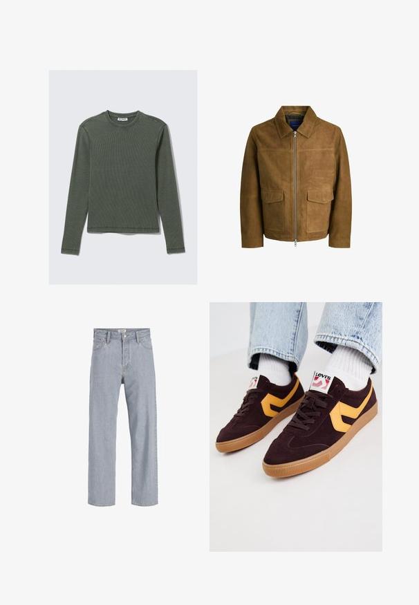 Braune Wildlederjacke mit Kragen, Reißverschluss und zwei flachen Taschen auf der Vorderseite. Glatte Textur mit strukturierter Passform.; Langärmliges, geripptes Oberteil in Dunkelgrün mit Rundhalsausschnitt und geradem Saum. Hergestellt aus weichem Stoff, mit minimalen Nähten und ohne erkennbare Muster.; Helle blaue Jeans aus Denim mit lockerer Passform, geradem Bein, sichtbaren Nähten, zwei vorderen Taschen und einem Knopfverschluss.; Dunkelburgunderfarbene Wildledersneaker mit gelben Lederakzenten, Gummisohle und weißen Schnürsenkeln. Branding auf der Zunge sichtbar.