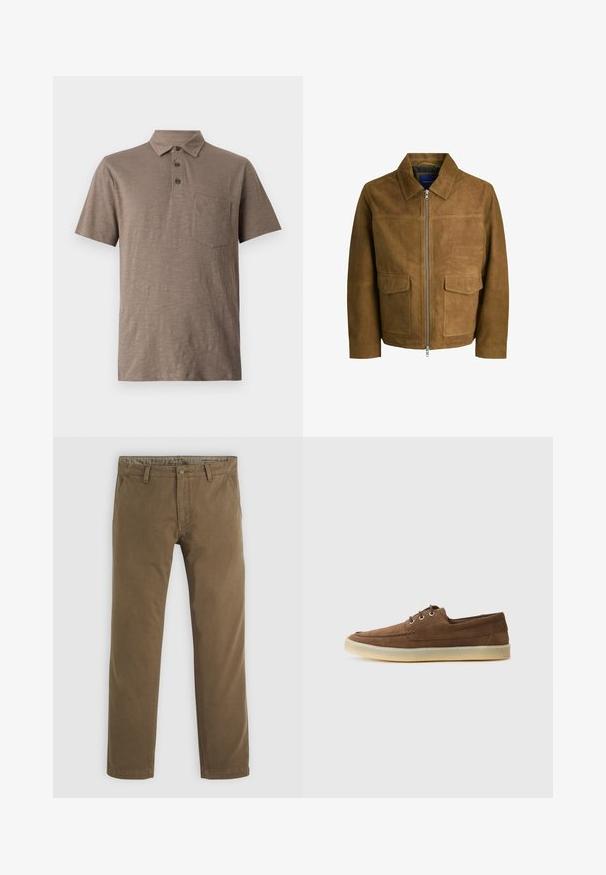 Hnedá semišová bunda s golierom, zipsom a dvoma plochými vreckami vpredu. Hladká textúra s pevným strihom.; Polo tričko s krátkym rukávom v svetlo hnedej farbe, vyrobené z mäkkej látky. Má golierový výstrih, tri gombíky a vrecko na hrudi.; Khaki bavlnené nohavice so strihom rovného nohu, s gombíkovým zapínaním, dvoma prednými vreckami a hladkou textúrou.; Hnedé semišové topánky s nízkym profilom, šnurovací dizajn, gumená podrážka a kontrastné šitie. Jednoduchý a funkčný štýl.