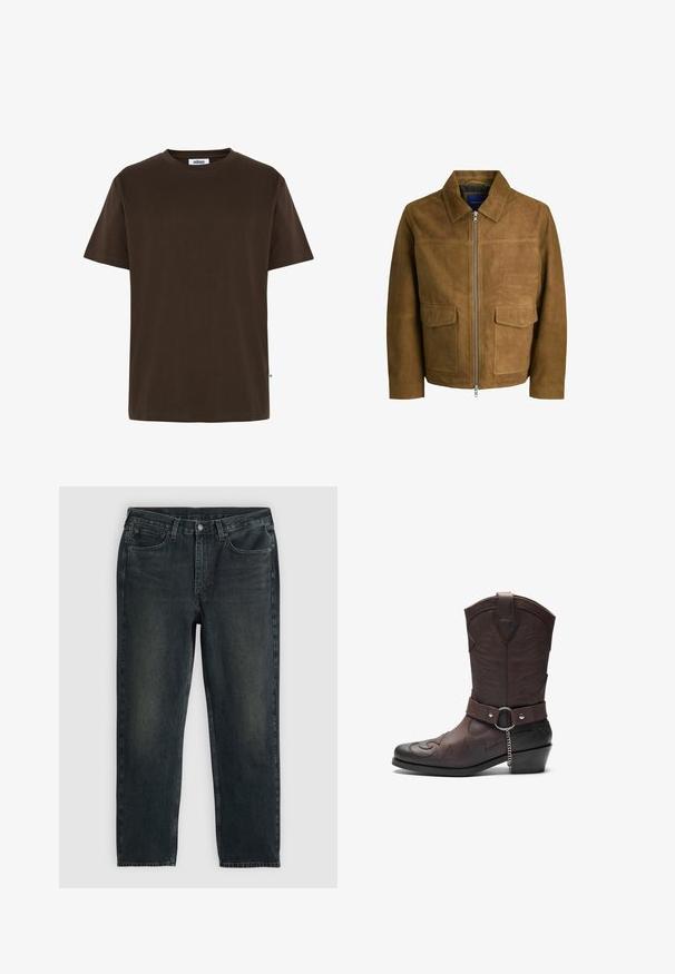 Braune Wildlederjacke mit Kragen, Reißverschluss und zwei flachen Taschen auf der Vorderseite. Glatte Textur mit strukturierter Passform.; Minimum AARHUS - T-Shirt basic - 1914 seal brown; Dunkelblaue Jeans aus Denim mit geradem Bein, fünf Taschen, Reißverschluss und kontrastierenden Nähten. Dezente Ausbleichungen im Stoff.; Braune Ledercowboystiefel mit dekorativer Stickerei, spitzem Schuhdesign und einem mittelhohen Blockabsatz sowie einem Riemen mit Kettendetail.