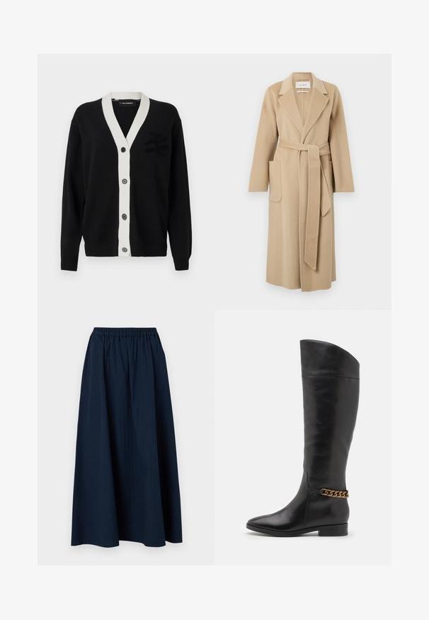 Dlhý béžový vlnený kabát so širokými chlopňami, dvoma prednými vreckami a zodpovedajúcim opaskom viazaným v páse.; Čierny cardigan s bielym V-výstrihom a piatimi prednými gombíkmi. Obsahuje textúrované logo na ľavej strane. Vyrobené z mäkkého materiálu.; Halenka bez rukávov s vysokým golierom a vertikálnymi čierno-bielymi pruhmi, vyrobená z textúrovanej pleteniny.; Námornícky modrá, dlhá sukňa vyrobená z textúrovanej tkaniny s elastickým pásom a jemnými vertikálnymi pruhmi.; Vysoké čierne kožené čižmy so štíhlym dizajnom, špicatou špičkou a zlatým reťazovým akcentom na členku. Nízky blokový podpätok. Hladká textúra.