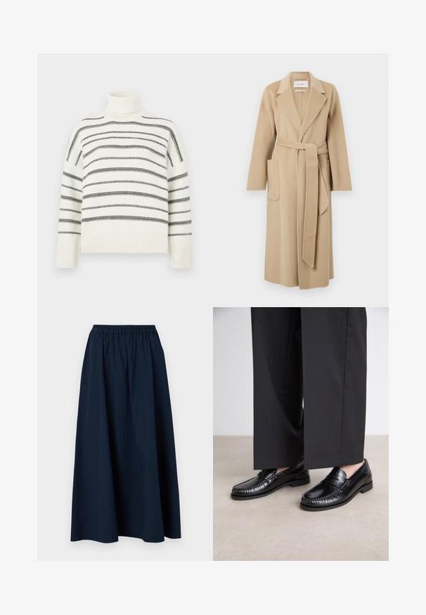 Langer beige Wollmantel mit breiten Revers, zwei Vordertaschen und einem passenden Gürtel, der in der Taille gebunden ist.; Weißer Rollkragenpullover mit schwarzen horizontalen Streifen. Ausgestattet mit geripptem Kragen und Bündchen. Weicher Stoff, lockere Passform und Strickdesign.; Ärmelloses Rollkragenoberteil mit vertikalen schwarz-weißen Streifen, hergestellt aus einem strukturierten Strickstoff und mit einem hohen, eng anliegenden Kragen.; Navyblaue, knöchellange Skirt aus strukturiertem Stoff mit einem elastischen Bund und dezenten vertikalen Streifen.; Schwarze Lederloafers mit glatter Oberfläche, genähten Details um die Zehen und einer niedrigen Gummisohle. Kombiniert mit weiten schwarzen Hosen.