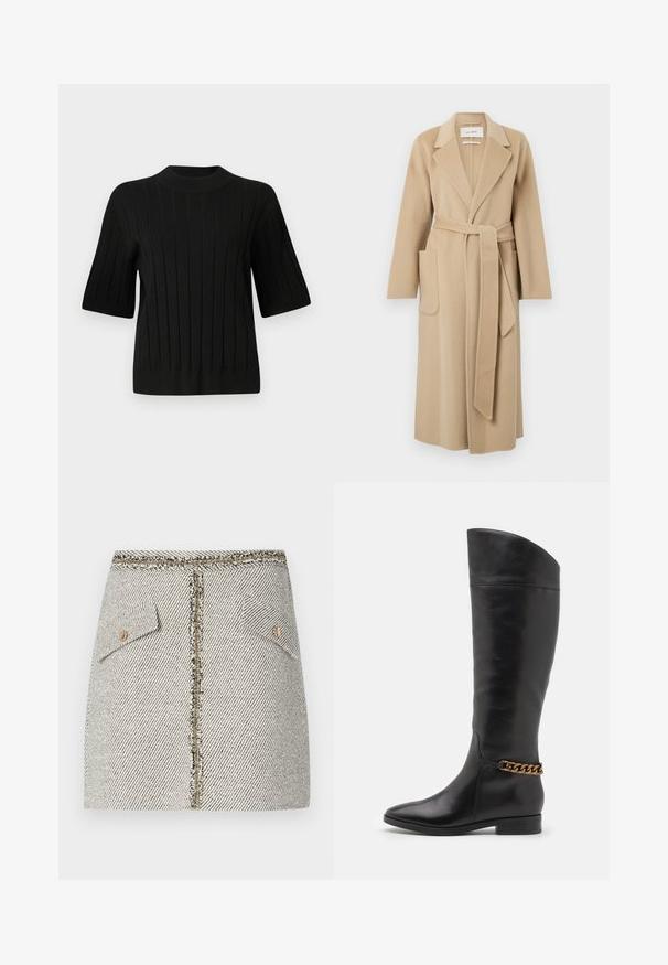 Pikk beez valgest villast mantel, laiad kraed, kaks eesmist taskut ja sobiv vöö, mis on vöö ümber kinnitatud.; Mustmustard mustrepp kootna, kuuidrust täparide kujuga taht seteheldat, milles vertikaalsed jooned ja kitser kuju.; Kootud tweed seelik valge ja musta kalascrossi mustriga, millel on kaks esimest taskut ja kuldne tõmblukk seljal, mille servad on frantsiisitud.; Kõrged mustad nahast saapad, millel on stiilne disain, terav nina ja kuldne kett aktsent pahkluul. Madal plokk-konts. Sile tekstuur.