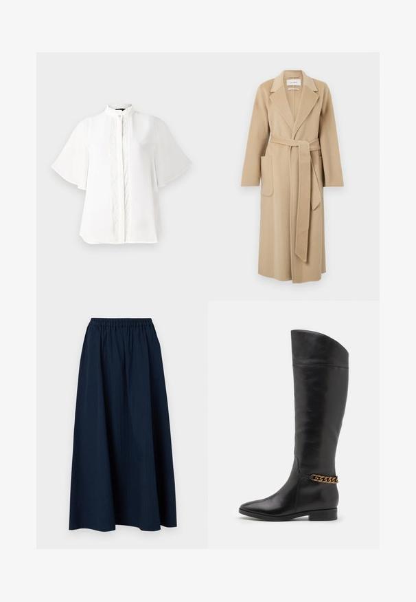 Long beige wool coat with wide lapels, two front pockets, and a matching belt tied at the waist.; White blouse featuring a high collar, short flutter sleeves, and intricate vertical embroidery down the front. Smooth, lightweight fabric.; Navy blue, full-length skirt made from textured fabric with an elastic waistband and subtle vertical stripes.; Tall black leather boots with a sleek design, pointed toe, and a gold chain accent at the ankle. Low block heel. Smooth texture.