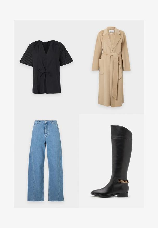 Cappotto lungo in lana beige con ampi revers, due tasche frontali e una cintura coordinata legata in vita.; Top nero con scollatura a V, maniche corte e vita con fiocco. Presenta un tessuto testurizzato e a fantasia sulle maniche e un corpo liscio.; Jeans a gamba larga di cotone denim di colore blu chiaro, con vita alta, taglio dritto e cuciture a contrasto lungo le cuciture.; Alti stivali in pelle nera dal design elegante, punta affusolata e dettagli in catena dorata alla caviglia. Tacco a blocco basso. Texture liscia.