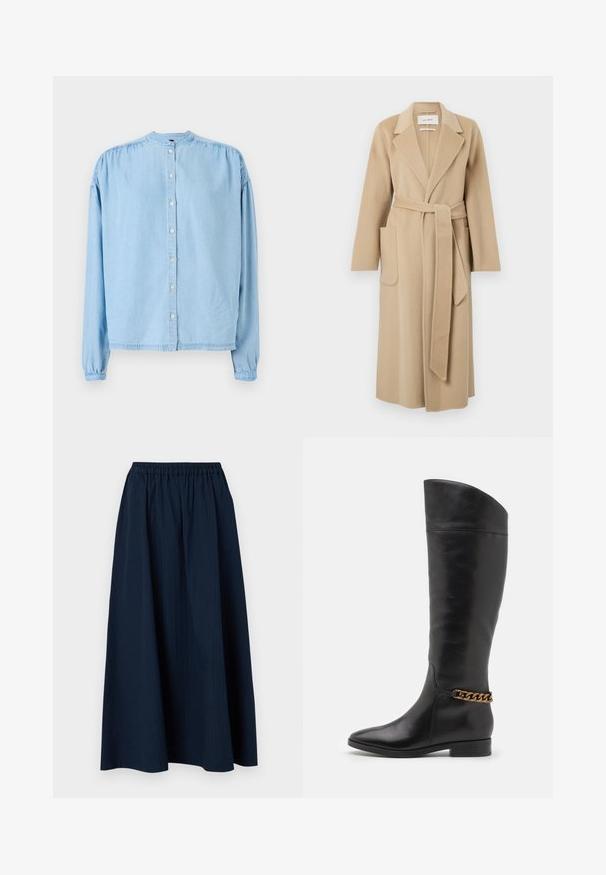 Long beige wool coat with wide lapels, two front pockets, and a matching belt tied at the waist.; Light blue, long-sleeve button-up shirt made of soft denim, featuring a rounded neckline, gathered shoulders, and a straight cut.; Navy blue, full-length skirt made from textured fabric with an elastic waistband and subtle vertical stripes.; Tall black leather boots with a sleek design, pointed toe, and a gold chain accent at the ankle. Low block heel. Smooth texture.