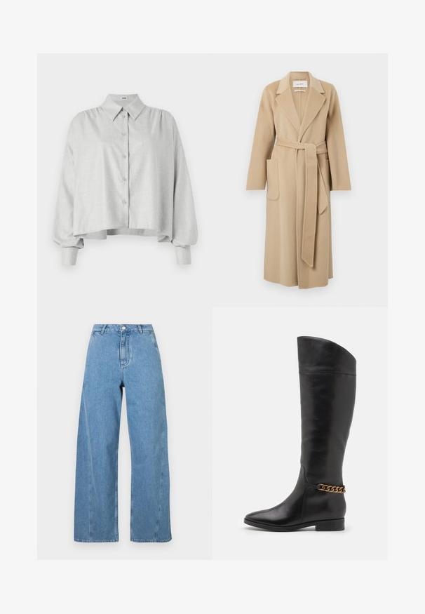 Lange beige wollen jas met brede revers, twee voorzakken en een bijpassende riem die in de taille is gestrikt.; DRYKORN FLANNA - Overhemdblouse - brown; Lichtblauwe wijde jeans gemaakt van denim, met een hoge taille, rechte snit en contrasterende stiksels langs de naden.; Hoge zwarte leren laarzen met een slank ontwerp, spitse neus en een gouden kettingaccent bij de enkel. Lage blokhak. Glad textuur.