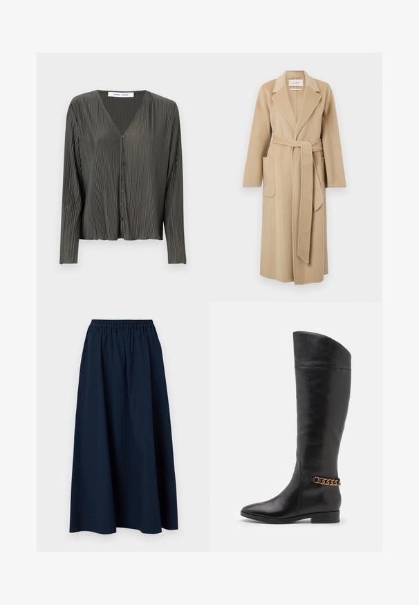 Lang beige uldfrakke med brede klapper, to forlommer og et matchende bælte der er bundet om taljen.; Mørkegrøn, langærmet skjorte med knapper og V-hals, plisseret struktur og sorte knapper. Stoffet ser glat og let ud.; Mørkeblå, lang nederdel lavet af tekstureret stof med elastisk talje og subtile lodrette striber.; Høje sorte læderstøvler med et slankt design, spids tå og en guld kædeaccent ved anklen. Lav blokhæl. Glat overflade.