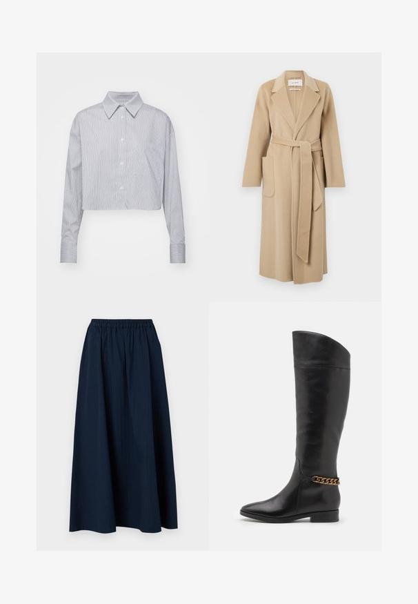 Ilgas kreminės vilnos paltas su plačiais atlapais, dviem priekinėmis kišenėmis ir derančiu diržu, surištu ties juosmeniu.; Mėlynos ir baltos juostelės trumpas marškiniai su klasikiniu apykakle, ilgomis rankovėmis ir viena krūtinės kišene. Sklandus audinio paviršius.; Tamsiai mėlyna, ilga sijonas pagamintas iš tekstūruoto audinio su elastinga juosmens juosta ir subtiliomis vertikaliomis juostelėmis.; Aukšti juodi odiniai batai su liekna forma, smailiu smaigaliu ir aukso grandinėlės akcentu ties kulkšnimi. Žemas bloko kulnas. Lygi tekstūra.