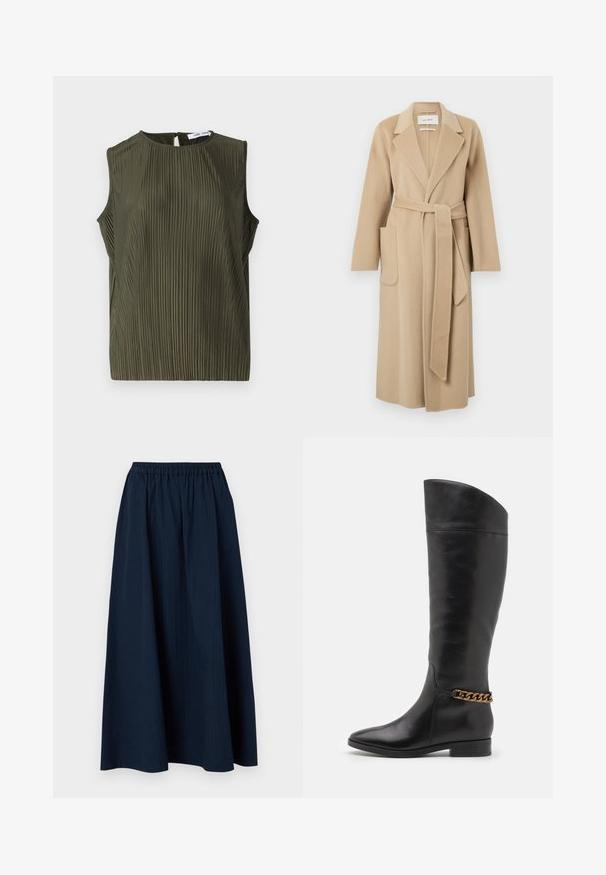 Dugi bež vuneni kaput s širokim reverima, dva prednja džepa i pojasom koji je zavezan u struku.; Samsøe Samsøe UMA - Bluza - forest night; Tamno plavi, dugii' suknja izrađena od teksturiranog materijala s elastičnom pojasom i suptilnim vertikalnim prugama.; Visoke crne kožne čizme s elegantnim dizajnom, šiljastim vrhom i zlatnim lančićem oko gležnja. Nizak blok potpetica. Glatka tekstura.