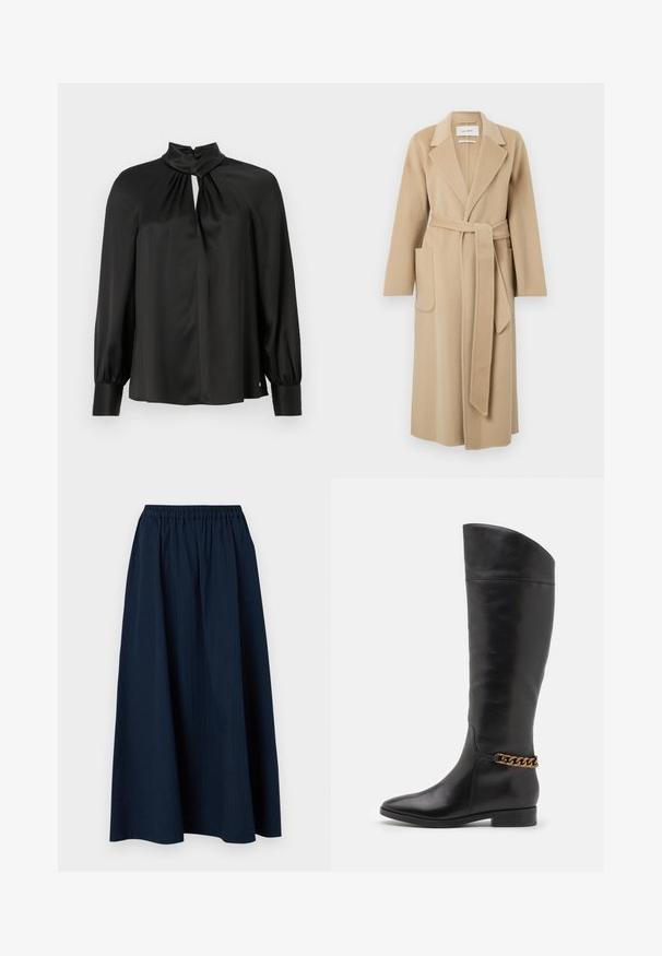 Long beige wool coat with wide lapels, two front pockets, and a matching belt tied at the waist.; Black blouse made of smooth, lightweight fabric featuring a high neck, keyhole front, and long, puffed sleeves with fitted cuffs.; Navy blue, full-length skirt made from textured fabric with an elastic waistband and subtle vertical stripes.; Tall black leather boots with a sleek design, pointed toe, and a gold chain accent at the ankle. Low block heel. Smooth texture.