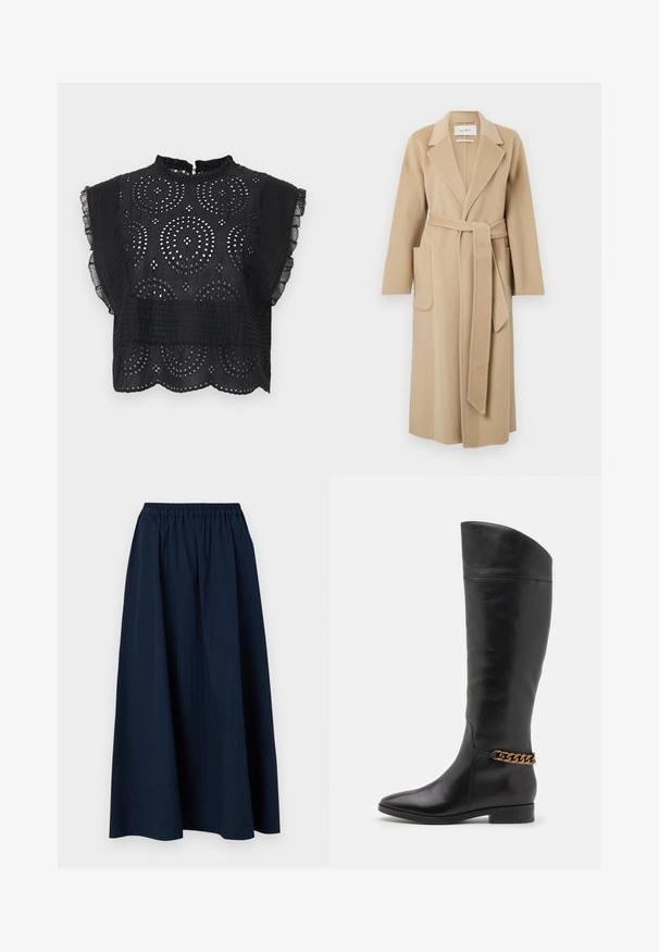 Garš beige vilnas mēteli ar plašiem atloki, divām priekšējām kabatām un atbilstošu jostu, kas sasieta ap vidukli.; Melnā blūze ar augstu apkakli un pūkainām piedurknēm. Iekļauj sarežģītus izgriezumus un nedaudz īsu piegriezumu. Tekstūrēta auduma.; Tumši zils, pilna garuma svārki, izgatavoti no tekstūras auduma ar elastīgu jostu un smalkām vertikālām svītrām.; Augstas melnas ādas zābaki ar plūstošu dizainu, pointētām purngalēm un zelta ķēdes akcentu ap potīti. Zems bloku papēdis. Gluda tekstūra.