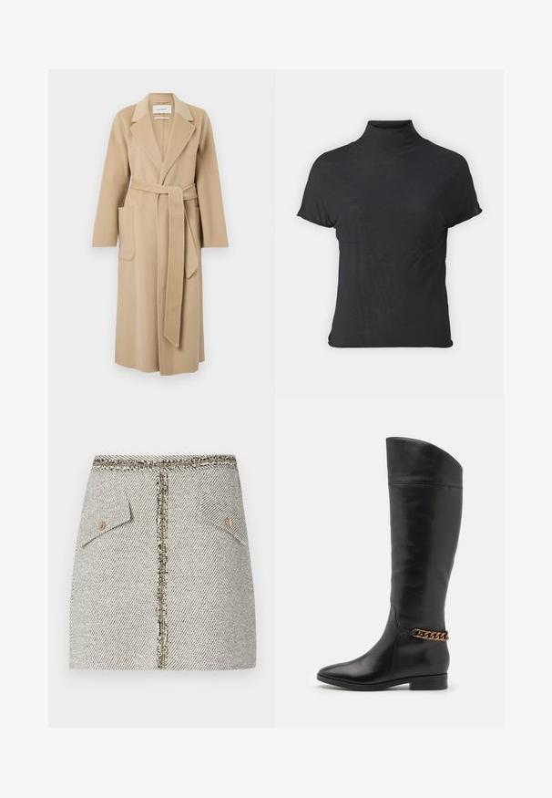 Lång beige ullkappa med breda slag, två framfickor och ett matchande bälte knutet i midjan.; Svart kortärmad polotröja i lätt material med en mjuk textur och en figurnära passform, med en hög halsringning.; Vävt tweedkjol i vitt och svart fiskbensmönster, har två framfickor och en guldfärgad dragkedja bak med fransiga kanter.; Höga svarta läderstövlar med en strömlinjeformad design, spetsig tå och en guldkedja vid vristen. Låg klack. Slät yta.