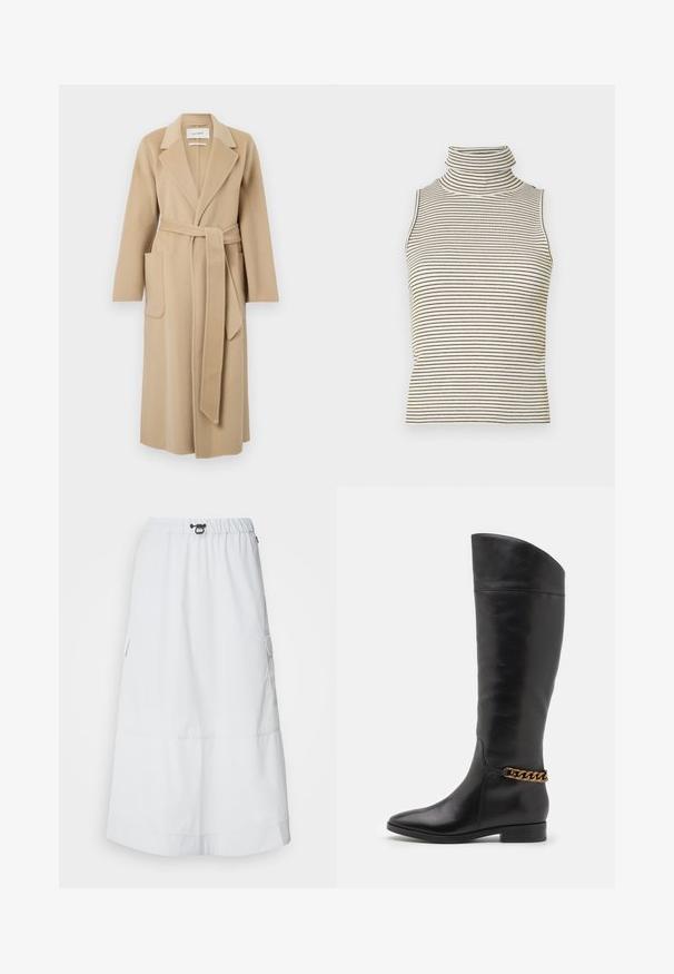 Palton lung bej din lână, cu rever larg, două buzunare frontale și o curea asortată legată în talie.; Top fără mâneci, cu guler înalt și strâns, realizat dintr-un material tricotat texturat, având dungi verticale negre și albe.; Ecoalf SKIRT WOMAN - Fustă în formă de A - light grey; Cizme negre din piele înalte, cu un design elegant, vârf ascuțit și un accent de lanț auriu la gleznă. Toc mic în formă de bloc. Textură netedă.