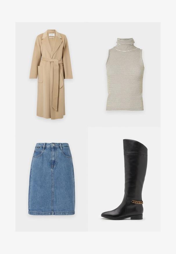 Pikk beez valgest villast mantel, laiad kraed, kaks eesmist taskut ja sobiv vöö, mis on vöö ümber kinnitatud.; Varrukateta turtleneck-särk, millel on vertikaalsed mustad ja valged triibud, valmistatud tekstureeritud kudumkangast ning millel on kõrge ja tihedalt istuv krae.; Heledad sinine teksaseelik sirge lõikega, mis sisaldab viit taskut, vööpaelu ja esist nupulahti, näidates nähtavaid õmbluse detaile.; Kõrged mustad nahast saapad, millel on stiilne disain, terav nina ja kuldne kett aktsent pahkluul. Madal plokk-konts. Sile tekstuur.