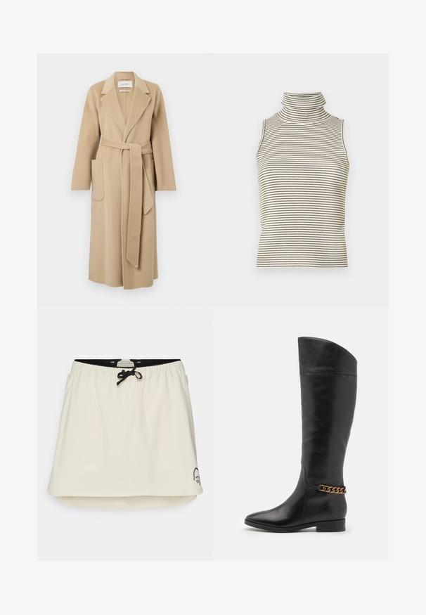 Hosszú bézs gyapjú kabát széles hajtókákkal, két elülső zsebbel és derékban megkötött, hozzáillő övvel.; Ujjatlan garbó felső, függőleges fekete és fehér csíkokkal, texturált kötött anyagból készült, magas, szoros gallérral.; Fehér szoknya rövidnadrág, rugalmas derékrésszel és fekete húzózsinórral. Kerekített alsó széllel és egy kis hímzett mintával az alsó sarokban.; Magas fekete bőrcsizma áramvonalas dizájnnal, hegyes orral és arany lánc díszítéssel a bokán. Alacsony, tömbsarkú. Sima felület.