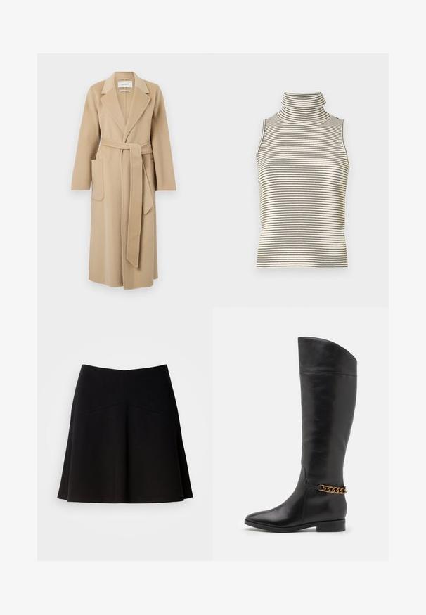 Pitkä beige villakangas takki, jossa on leveät kaulukset, kaksi etutaskua ja matching vyö solmittuna vyötärölle.; Hihaton poolopaita, jossa on pystysuorat mustat ja valkoiset raidat, valmistettu teksturoidusta neulekankaasta, ja siinä on korkea, tiukka kaulus.; Mustassa leveässä hameessa on pehmeä kangas, jossa on muotoiltu vyötärö ja sauman yksityiskohtia. Sileä rakenne yksinkertaisella, klassisella muotoilulla.; Pitkiä mustista nahkasaappaista, joissa on tyylikäs muotoilu, terävä kärki ja kultaketjuakseli nilkassa. Matala lohko korko. Sujuva pinta.