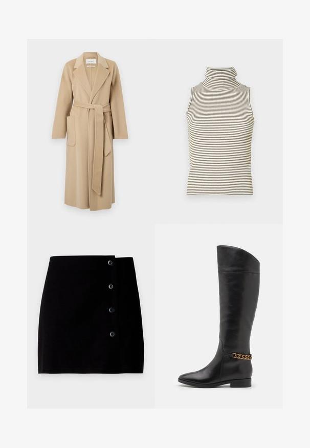 Ilgas kreminės vilnos paltas su plačiais atlapais, dviem priekinėmis kišenėmis ir derančiu diržu, surištu ties juosmeniu.; Bele gydimo viršus be rankovių su vertikaliomis juodai baltomis juostomis, pagamintas iš tekstūruoto mezgimo audinio, turintis aukštą, prigludusią apykaklę.; Juodas mini sijonas, pagamintas iš medvilnės, su šoniniu mygtuko uždarymu, kuriame yra keturi juodi mygtukai ir tiesi siluetas. Lygus paviršius.; Aukšti juodi odiniai batai su liekna forma, smailiu smaigaliu ir aukso grandinėlės akcentu ties kulkšnimi. Žemas bloko kulnas. Lygi tekstūra.