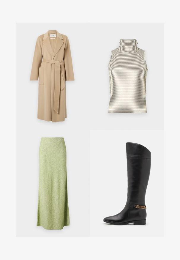 Pikk beez valgest villast mantel, laiad kraed, kaks eesmist taskut ja sobiv vöö, mis on vöö ümber kinnitatud.; Varrukateta turtleneck-särk, millel on vertikaalsed mustad ja valged triibud, valmistatud tekstureeritud kudumkangast ning millel on kõrge ja tihedalt istuv krae.; Samsøe Samsøe SAAGNETA LONG SKIRT - Maksiseelik - peridot mel; Kõrged mustad nahast saapad, millel on stiilne disain, terav nina ja kuldne kett aktsent pahkluul. Madal plokk-konts. Sile tekstuur.