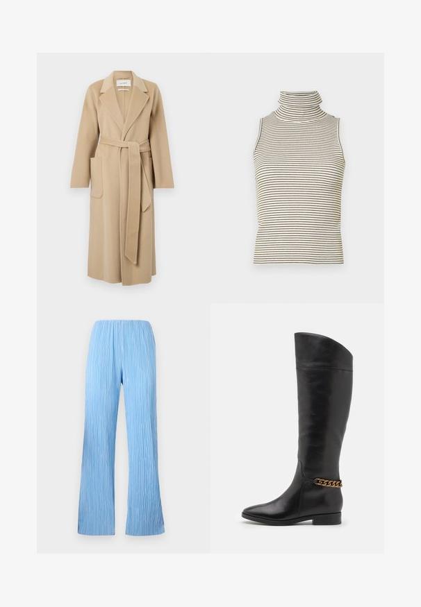 Hosszú bézs gyapjú kabát széles hajtókákkal, két elülső zsebbel és derékban megkötött, hozzáillő övvel.; Ujjatlan garbó felső, függőleges fekete és fehér csíkokkal, texturált kötött anyagból készült, magas, szoros gallérral.; Világoskék, rakott nadrág széles lábakkal, függőleges csíkokkal és rugalmas derékkal a kényelem érdekében. Simább, könnyű anyag.; Magas fekete bőrcsizma áramvonalas dizájnnal, hegyes orral és arany lánc díszítéssel a bokán. Alacsony, tömbsarkú. Sima felület.