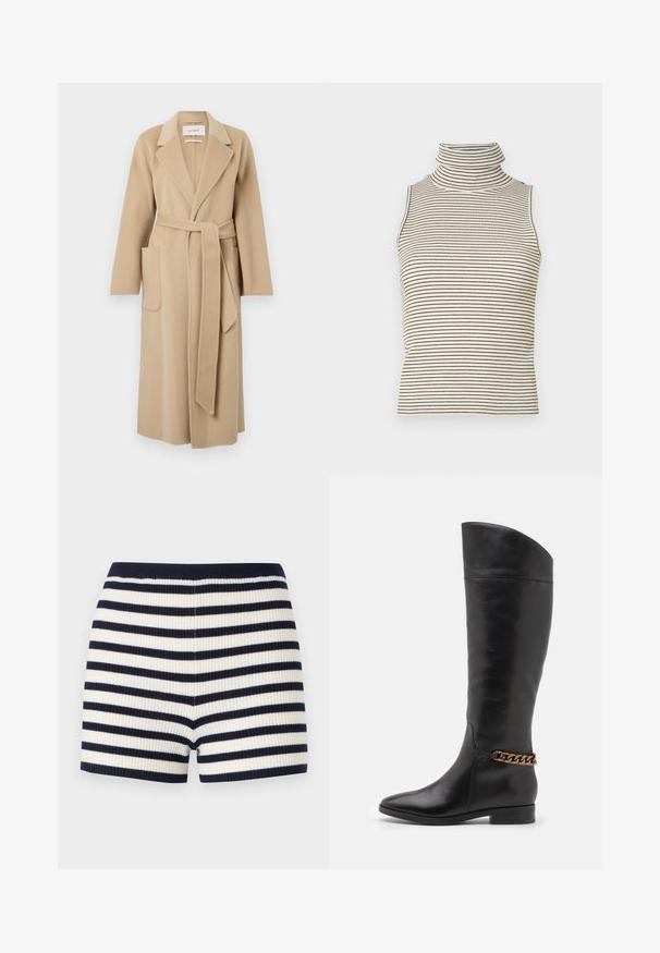 Cappotto lungo in lana beige con ampi revers, due tasche frontali e una cintura coordinata legata in vita.; Top senza maniche a collo alto con righe verticali bianche e nere, realizzato in un tessuto a maglia testurizzato e dotato di un colletto alto e aderente.; Shorts a coste con righe blu navy e bianche, caratterizzati da una forma aderente e una texture morbida. La vita è blu navy, in armonia con il motivo.; Alti stivali in pelle nera dal design elegante, punta affusolata e dettagli in catena dorata alla caviglia. Tacco a blocco basso. Texture liscia.