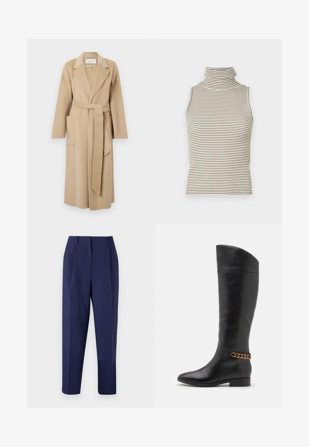 Hosszú bézs gyapjú kabát széles hajtókákkal, két elülső zsebbel és derékban megkötött, hozzáillő övvel.; Ujjatlan garbó felső, függőleges fekete és fehér csíkokkal, texturált kötött anyagból készült, magas, szoros gallérral.; Tengerészekkel készült nadrág, igényes tervezéssel. Elöl pliések, sima textúra és egyenes szár kialakítás jellemzi. Nincs látható zseb vagy díszítés.; Magas fekete bőrcsizma áramvonalas dizájnnal, hegyes orral és arany lánc díszítéssel a bokán. Alacsony, tömbsarkú. Sima felület.