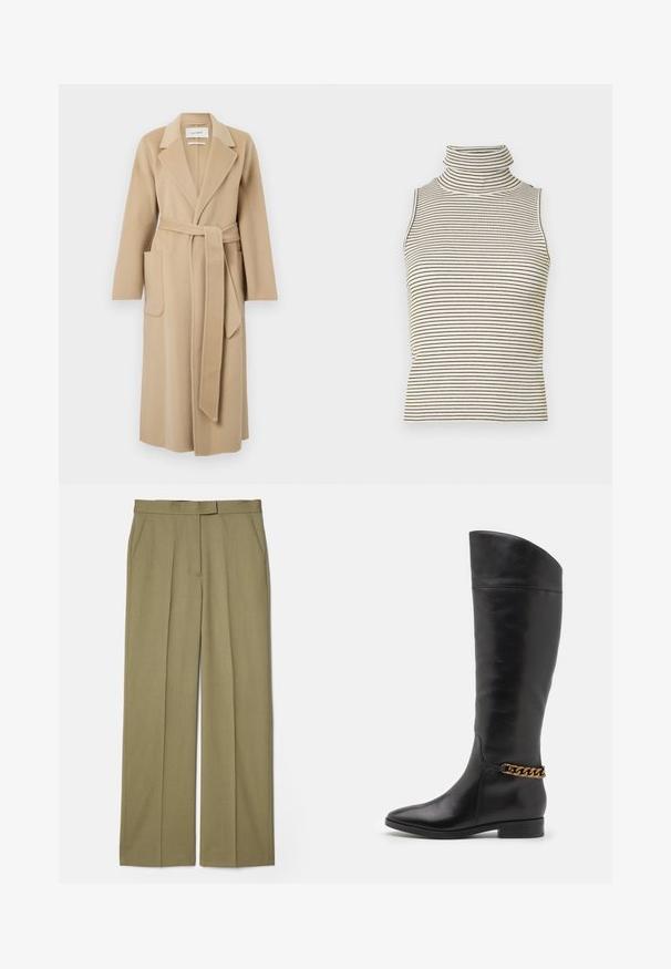 Dlouhý béžový vlněný kabát s širokými klopami, dvěma předními kapsami a odpovídajícím páskem uvázaným v pase.; Top bez rukávů s vysokým, těsným rolákem a vertikálními černobílými pruhy, vyrobený z texturované pleteniny.; Khaki skládací kalhoty se rovnými nohavicemi, vyrobené z texturované látky, se dvěma bočními kapsami a hladkým pasem.; Vysoké černé kožené boty s elegantním designem, špičatou špičkou a zlatým řetízkem na kotníku. Nízký blokový podpatek. Hladká textura.