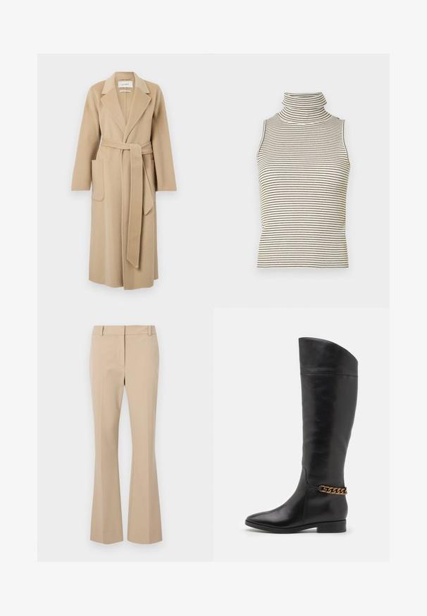Dlhý béžový vlnený kabát so širokými chlopňami, dvoma prednými vreckami a zodpovedajúcim opaskom viazaným v páse.; Halenka bez rukávov s vysokým golierom a vertikálnymi čierno-bielymi pruhmi, vyrobená z textúrovanej pleteniny.; Béžové nohavice s rovný strihom, s plochým predným dielom, pútkami na opasok a hladkou textúrou. Žiadne viditeľné vrecká ani vzory.; Vysoké čierne kožené čižmy so štíhlym dizajnom, špicatou špičkou a zlatým reťazovým akcentom na členku. Nízky blokový podpätok. Hladká textúra.