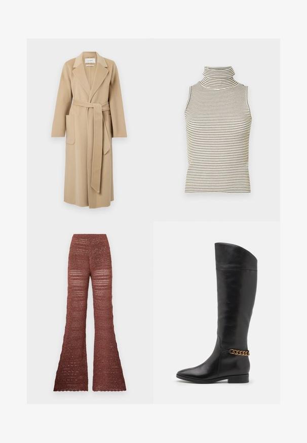 Langer beige Wollmantel mit breiten Revers, zwei Vordertaschen und einem passenden Gürtel, der in der Taille gebunden ist.; Ärmelloses Rollkragenoberteil mit vertikalen schwarz-weißen Streifen, hergestellt aus einem strukturierten Strickstoff und mit einem hohen, eng anliegenden Kragen.; Häkeln Flare-Hosen in einem tiefen Rostton. Sie verfügen über ein strukturiertes offenes Gewebe, eine hohe Taille und einen ausgestellten Saum mit gewellten Kanten.; Hohe schwarze Lederstiefel mit elegantem Design, spitzer Zehe und einem goldenen Kettenakzent am Knöchel. Tiefer Blockabsatz. Glatte Textur.