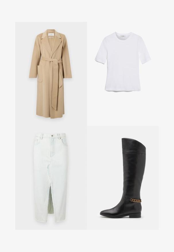 Pitkä beige villakangas takki, jossa on leveät kaulukset, kaksi etutaskua ja matching vyö solmittuna vyötärölle.; Valkoinen lyhythihainen t-paita, joka on valmistettu ribbytedusta kankaasta. Pyöreä pääntiie, normaali istuvuus ja hienovaraiset ompeluyksityiskohdat. Ei kuvioita tai grafiikkaa.; Vaaleansininen farkuhame, jossa on etuaukko, raaka helma, kaksi etutaskua ja napitus. Suora siluetti, nilkkapituinen muoto.; Pitkiä mustista nahkasaappaista, joissa on tyylikäs muotoilu, terävä kärki ja kultaketjuakseli nilkassa. Matala lohko korko. Sujuva pinta.