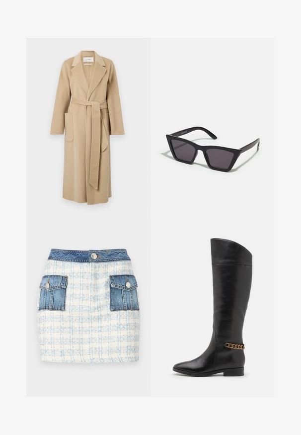 Dugi bež vuneni kaput s širokim reverima, dva prednja džepa i pojasom koji je zavezan u struku.; Bijela majica bez rukava napravljena od rebraste tkanine, s okruglim izrezom i uklapajućim siluetom, s minimalnim šavovima i bez ukrasa.; Traper suknja mini dužine s svijetlo plavim i bijelim kariranim uzorkom, s dva prednja džepa s traper detaljima i kopčanjem na gumbu u struku.; Visoke crne kožne čizme s elegantnim dizajnom, šiljastim vrhom i zlatnim lančićem oko gležnja. Nizak blok potpetica. Glatka tekstura.; Crne, uglaste sunčane naočale sa sivoj lećama; izrađene od plastike, imaju debele nogice s glatkom površinom i bez vidljivih metalnih dijelova.