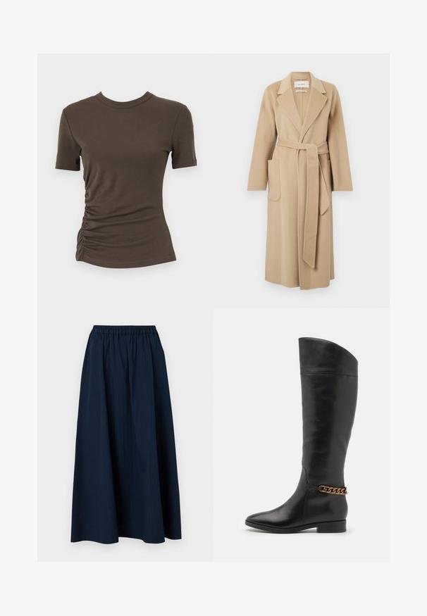 Long beige wool coat with wide lapels, two front pockets, and a matching belt tied at the waist.; Brown fitted t-shirt made from soft cotton, featuring short sleeves and gathered sides for a textured appearance. Round neckline.; Navy blue, full-length skirt made from textured fabric with an elastic waistband and subtle vertical stripes.; Tall black leather boots with a sleek design, pointed toe, and a gold chain accent at the ankle. Low block heel. Smooth texture.