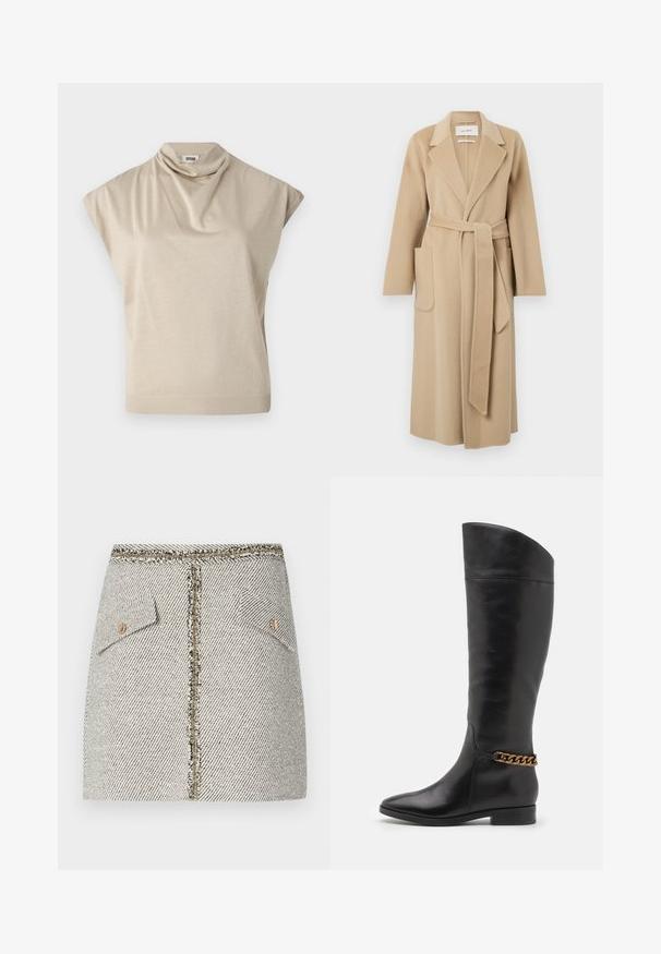 Długi beżowy płaszcz wełniany z szerokimi klapami, dwoma przednimi kieszeniami i pasującym paskiem związanym w talii.; Beżowa bluzka z krótkim rękawem z drapowanym dekoltem. Gładka faktura, dopasowany w pasie i prążkowany dół. Wykonana z lekkiego, elastycznego materiału.; Tkaninowa spódnica z tweedu w białym i czarnym wzorze w jodełkę, posiada dwie przednie kieszenie oraz złoty zamek błyskawiczny z tyłu z postrzępionymi krawędziami.; Wysokie czarne skórzane botki o eleganckim designie, ze spiczastym noskiem i złotym łańcuszkiem na kostce. Niski blokowy obcas. Gładka tekstura.