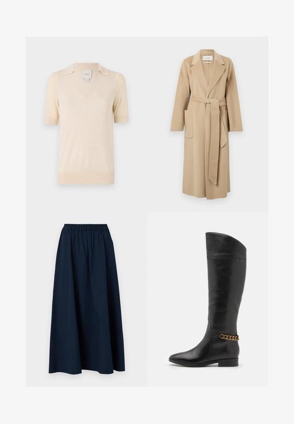 Long beige wool coat with wide lapels, two front pockets, and a matching belt tied at the waist.; Cream-colored short-sleeve polo shirt made from soft fabric, featuring a V-neckline and a subtle collar design.; Navy blue, full-length skirt made from textured fabric with an elastic waistband and subtle vertical stripes.; Tall black leather boots with a sleek design, pointed toe, and a gold chain accent at the ankle. Low block heel. Smooth texture.